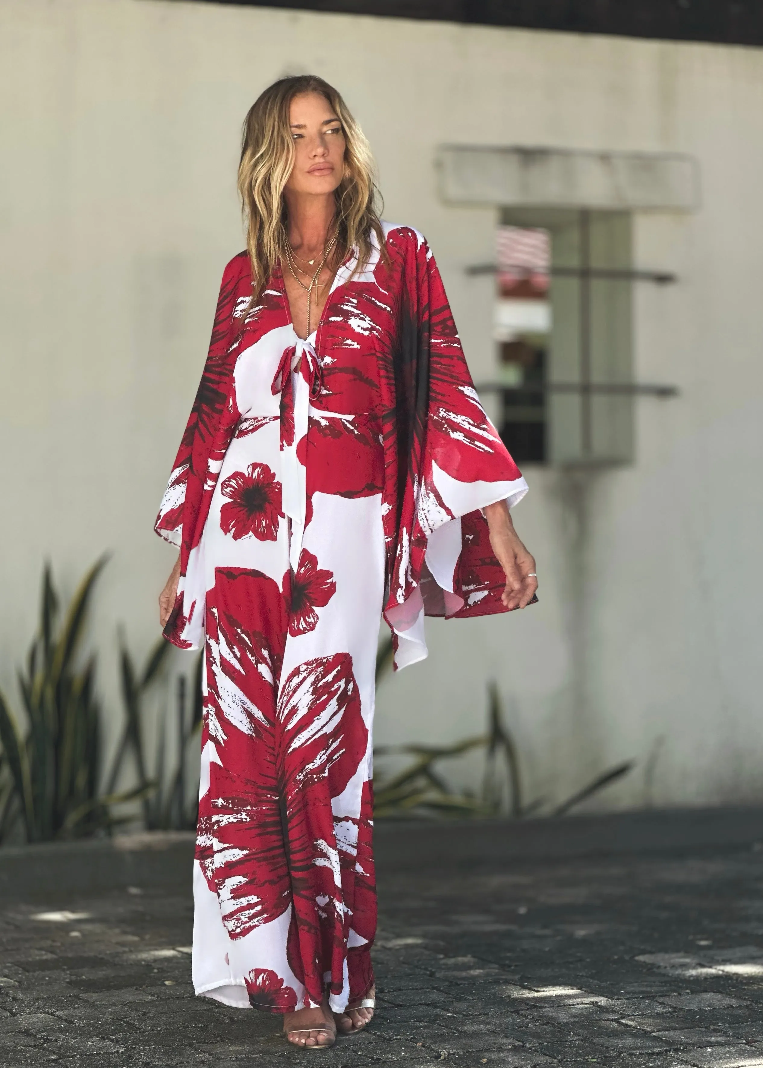 Garbo Cape Jumpsuit Red Hibiscus