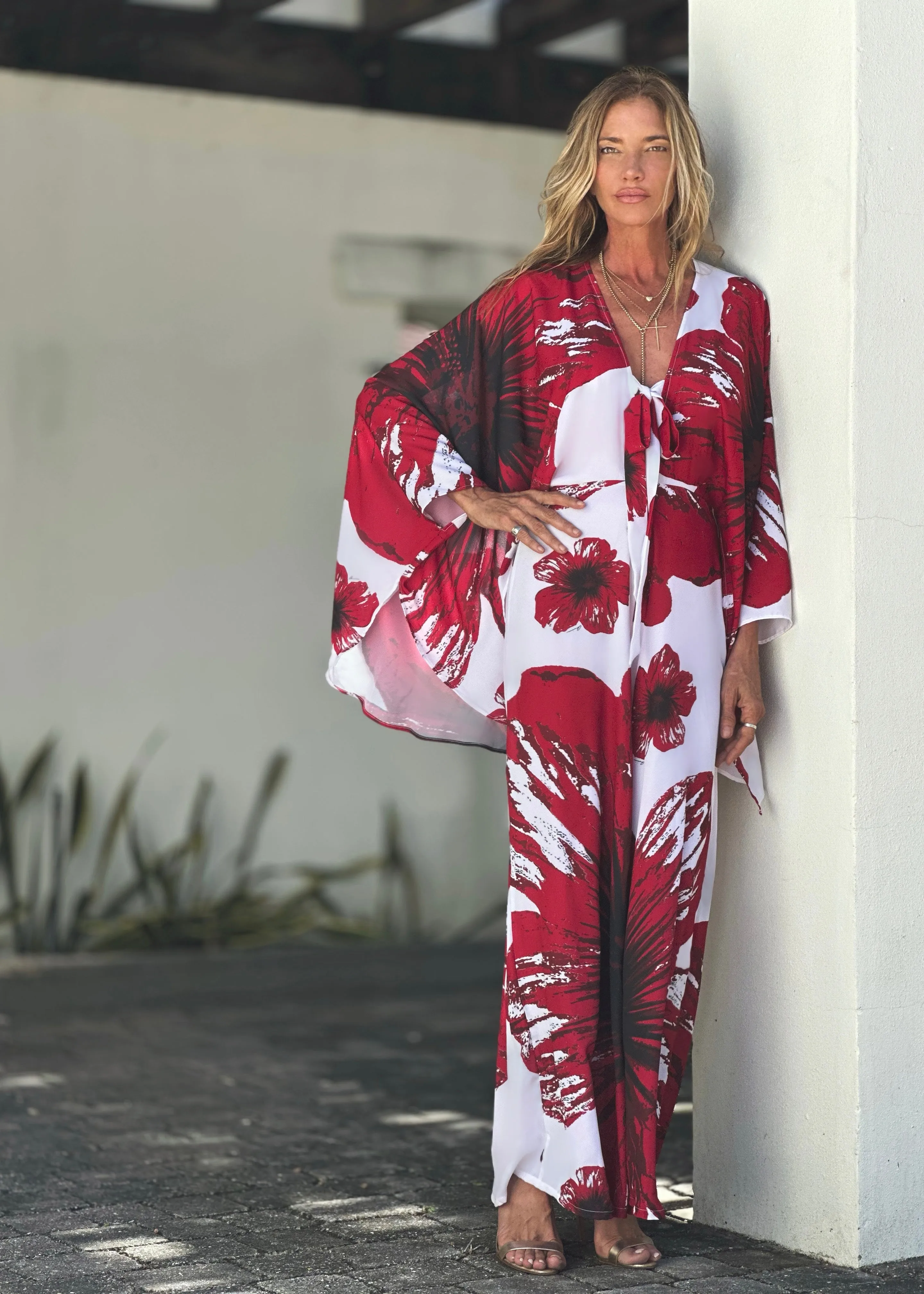 Garbo Cape Jumpsuit Red Hibiscus