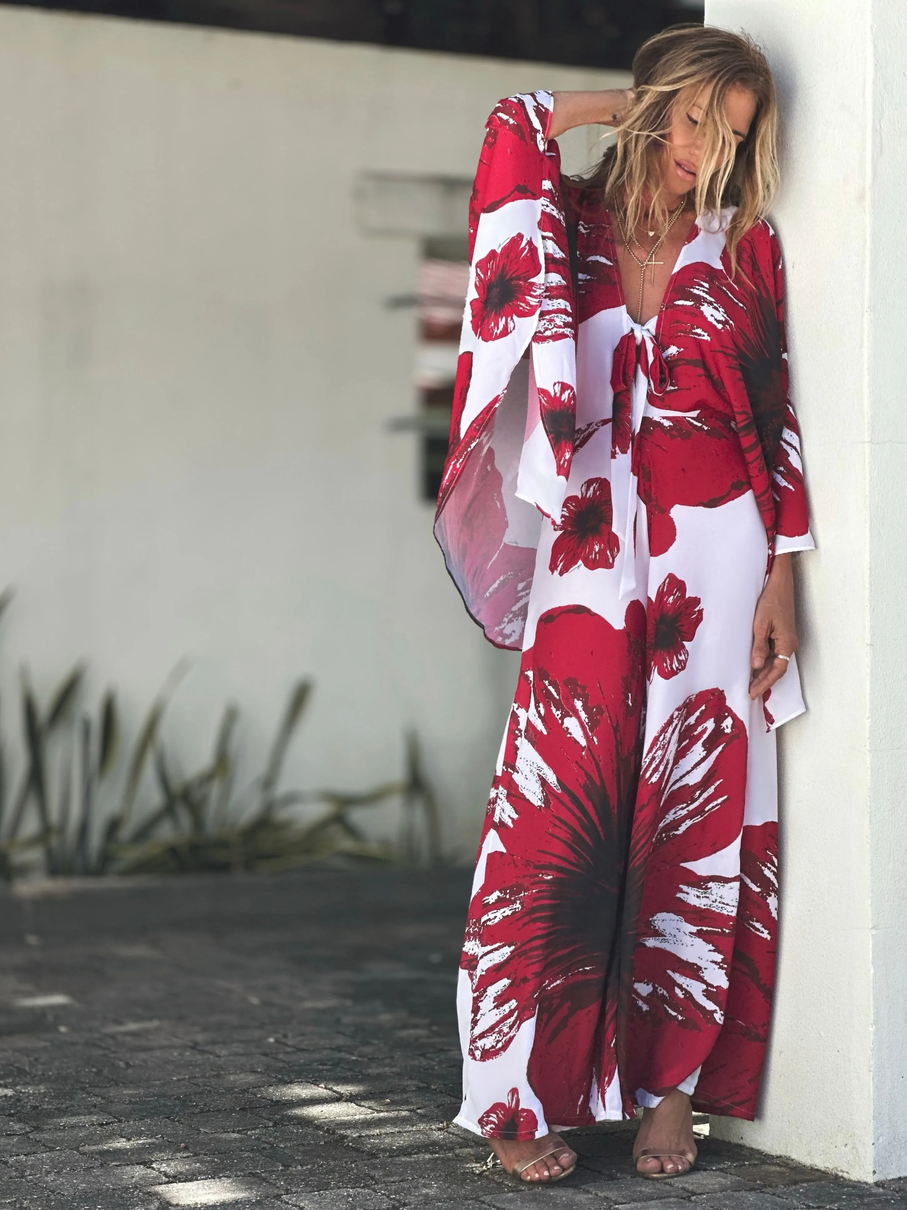 Garbo Cape Jumpsuit Red Hibiscus