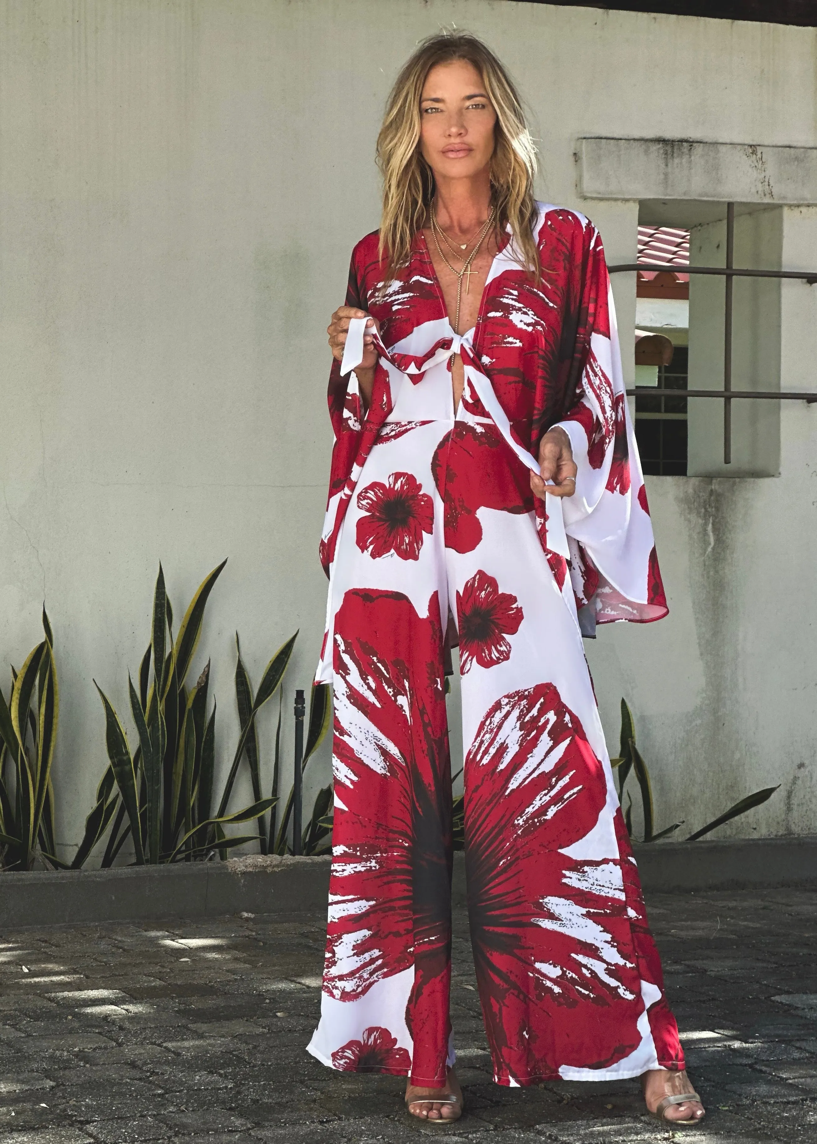 Garbo Cape Jumpsuit Red Hibiscus