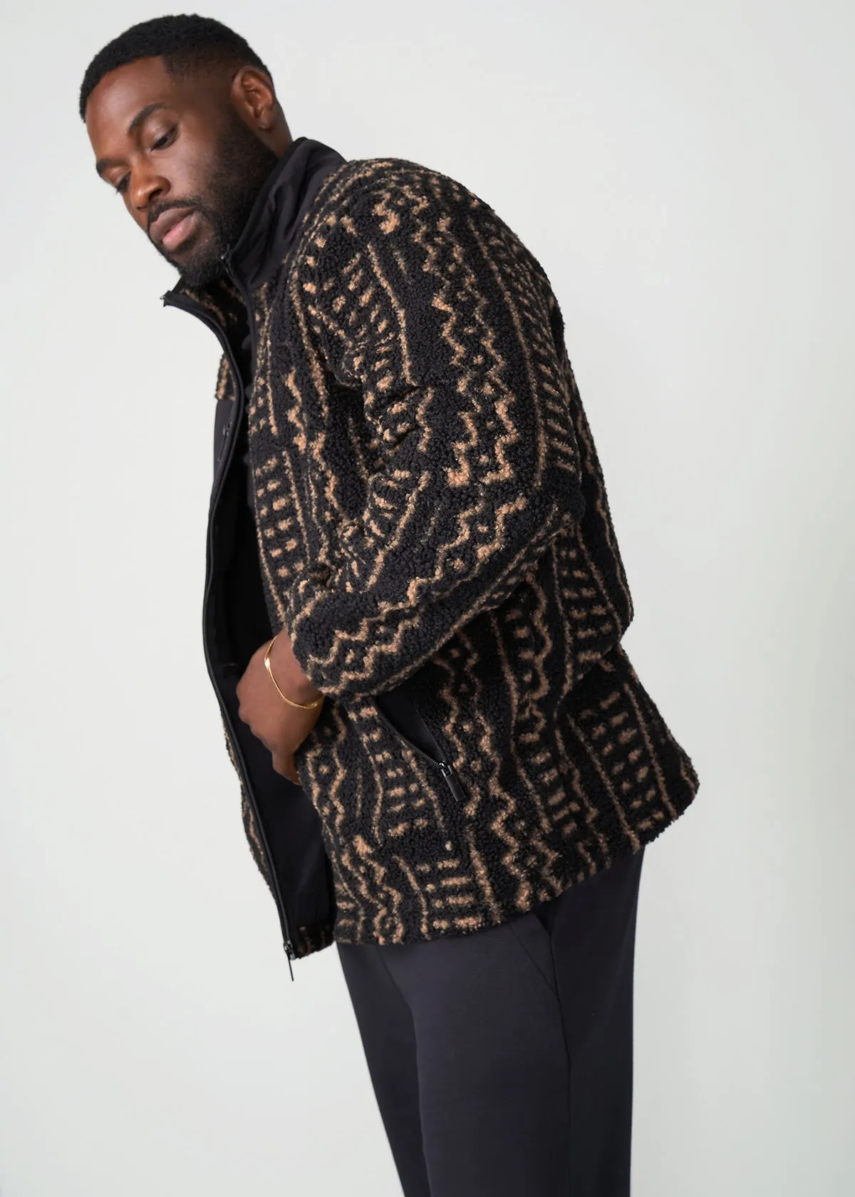 Gatimu Men's African Print Teddy Fleece Jacket (Tan Tribal Lines)