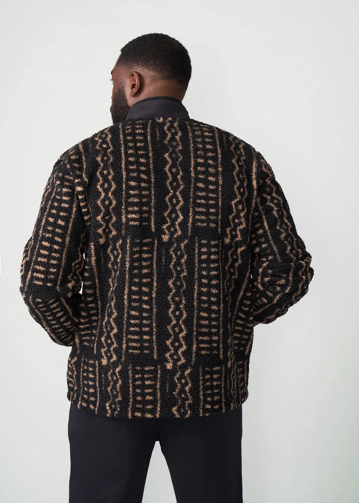 Gatimu Men's African Print Teddy Fleece Jacket (Tan Tribal Lines)