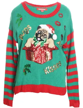 Green & Red Pug Design Christmas Jumper - L