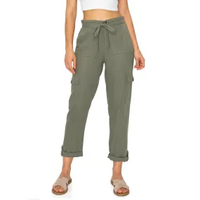 High-Waisted Tie Belt Linen Cargo Pants