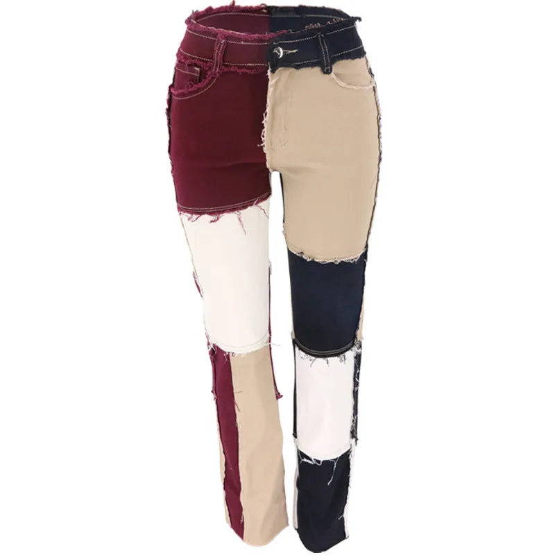 High Waisted Two Tone Jeans Long Straight Pants Women's Jeans