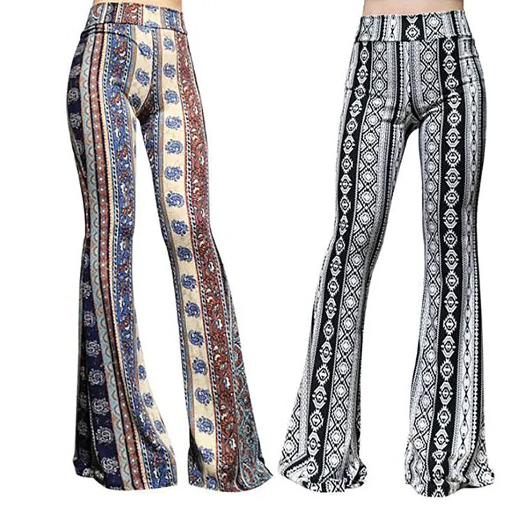 Hippy Bell Bottoms Black Brown Or Blue Prints Aztec Or Boho Gypsy Wanderer High Waist Stretch Flare Leg Pants Available In Small Medium Large Or XL