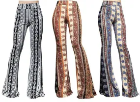 Hippy Bell Bottoms Black Brown Or Blue Prints Aztec Or Boho Gypsy Wanderer High Waist Stretch Flare Leg Pants Available In Small Medium Large Or XL