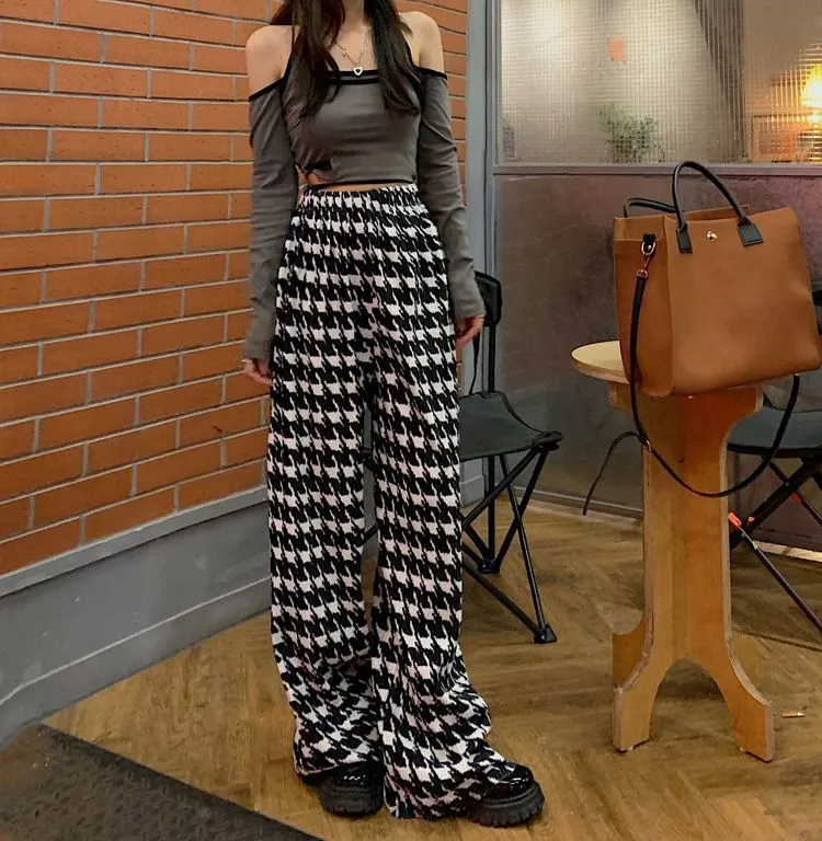 Houndstooth Print Loose Pants