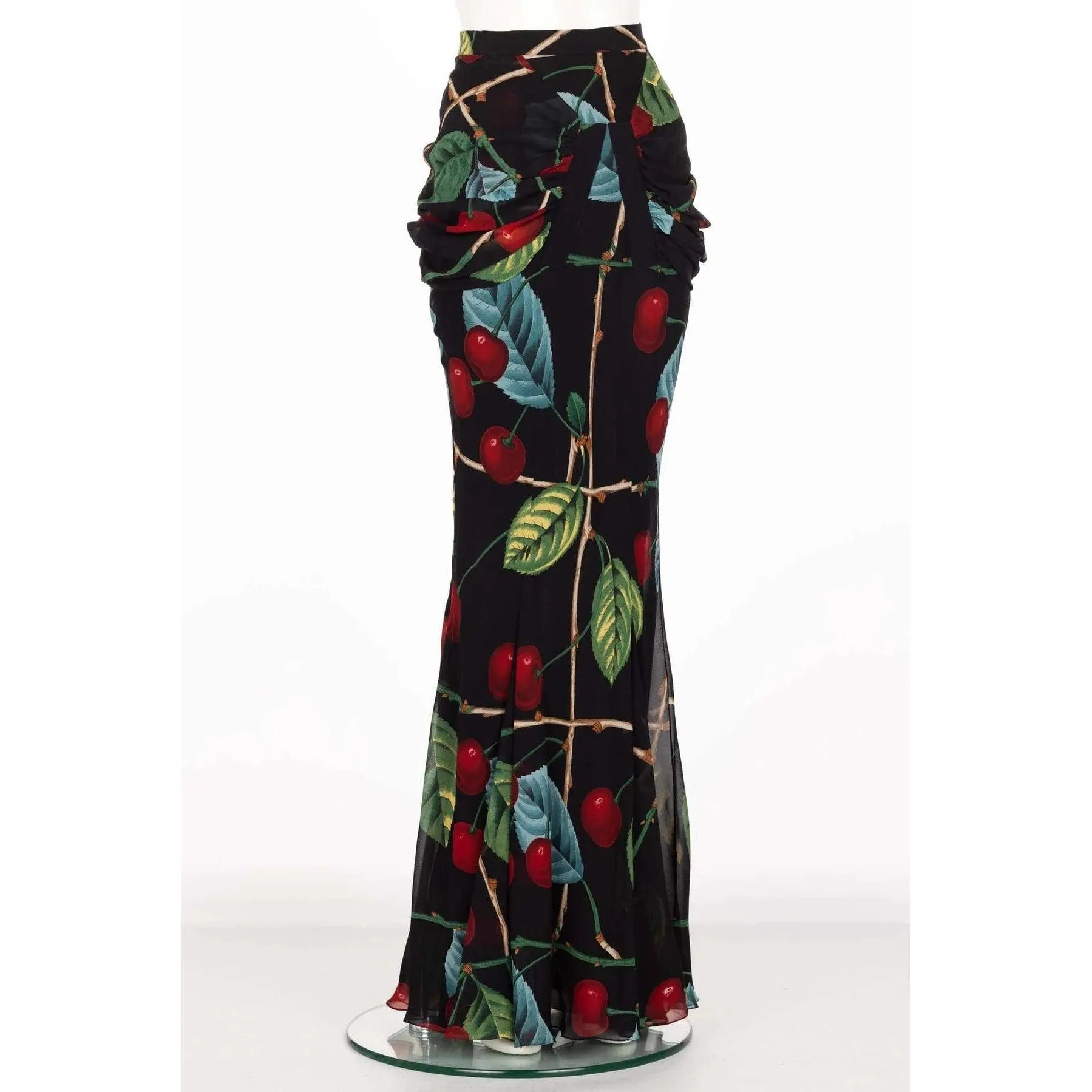 JOHN GALLIANO 2003 F/W Black Cherry Print Silk Maxi Skirt | Size S