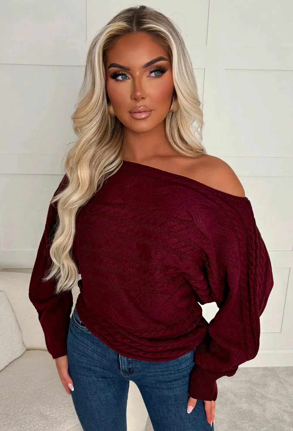 Kaylee Wine Cable Off The Shoulder Jumper