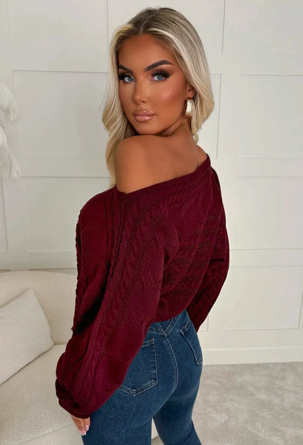 Kaylee Wine Cable Off The Shoulder Jumper