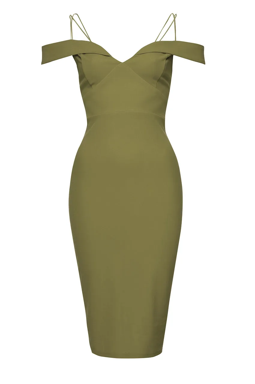 Khaki Bodycon Midi with Off Shoulder Strappy Detail