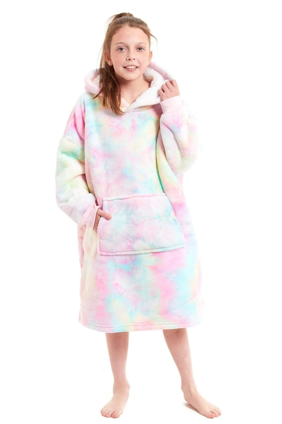 Kids Oversized Hooded Fleece Blanket Ultra-Soft Sherpa Fur with Elastic Cuffs and Double Pocket for Ages 8-15 by Daisy Dreamer