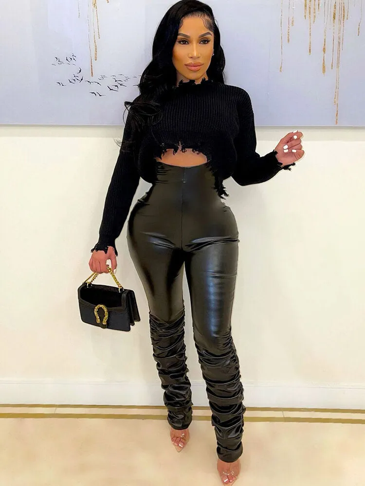 Leather High Waist Ruched Zip Up Bodycon Pants