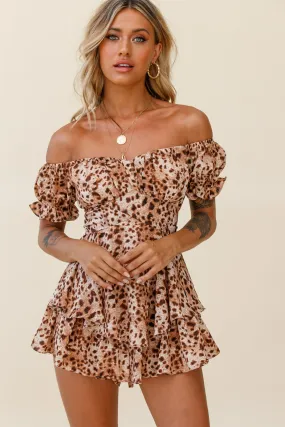 Linka Off-Shoulder Tie Back Romper Leopard Print Brown