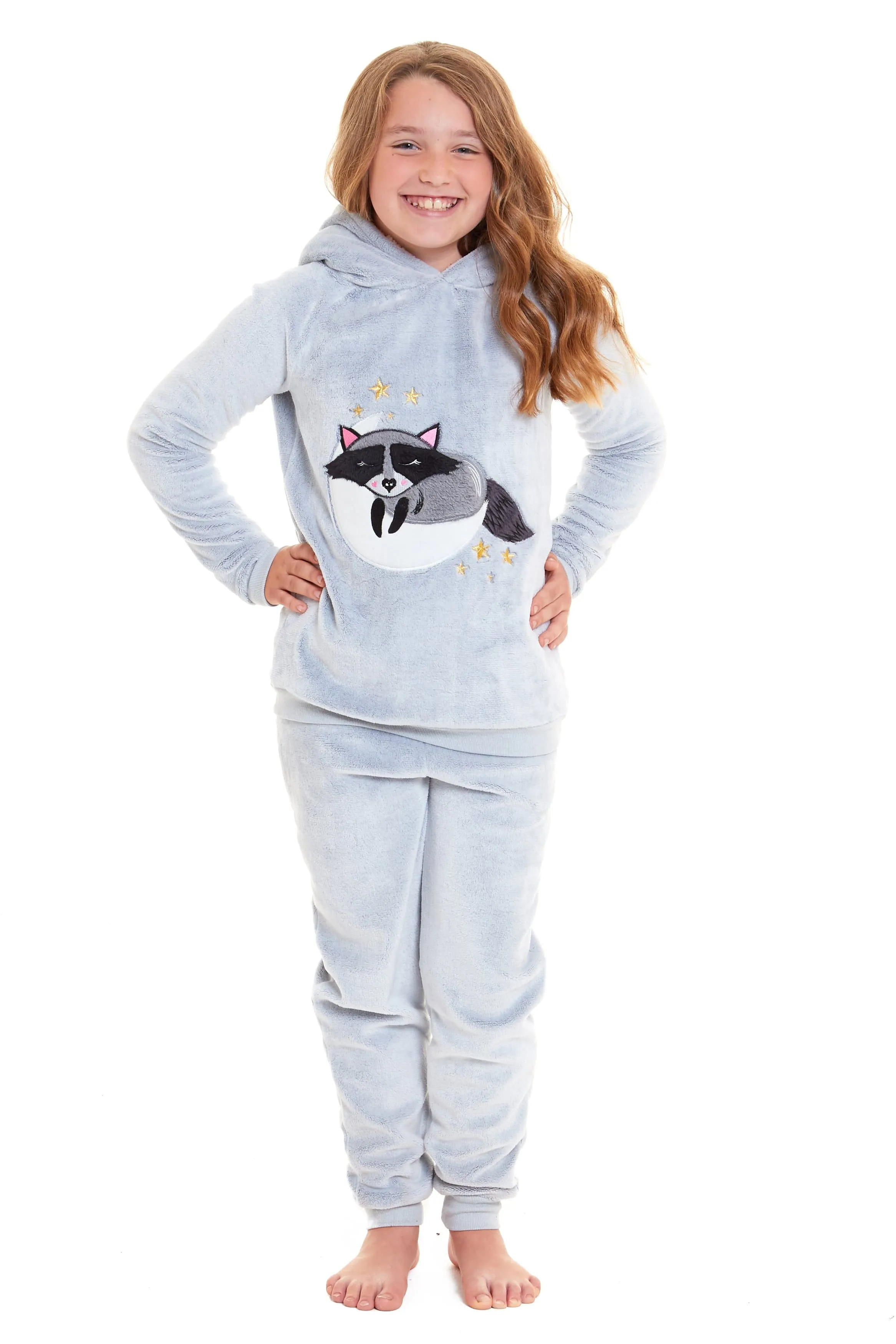 Matching Mother Daughter Raccoon Fleece Hooded Pyjama Set with Sherpa Lining and Embroidered Design for Family Bonding by Daisy Dreamer