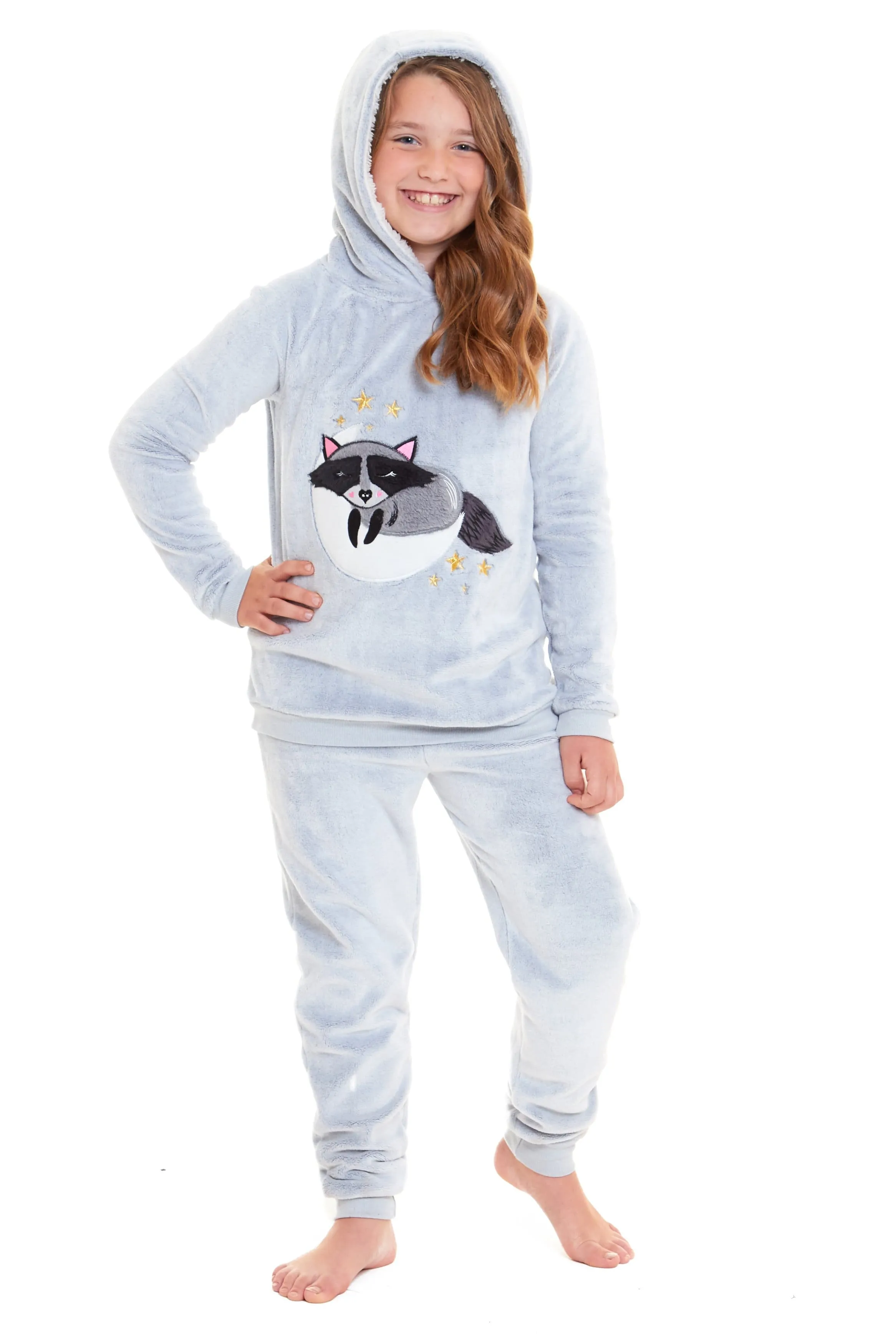 Matching Mother Daughter Raccoon Fleece Hooded Pyjama Set with Sherpa Lining and Embroidered Design for Family Bonding by Daisy Dreamer