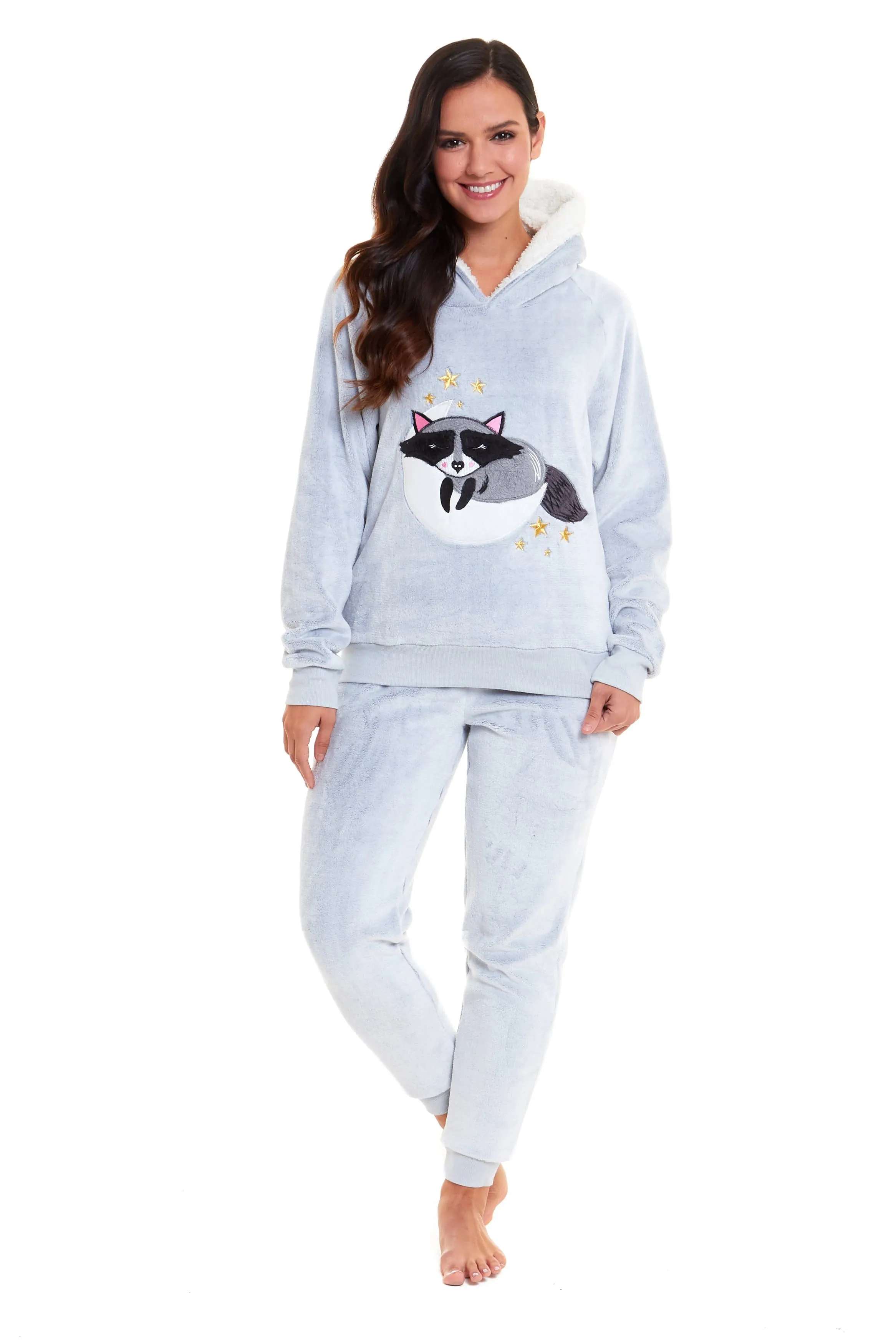 Matching Mother Daughter Raccoon Fleece Hooded Pyjama Set with Sherpa Lining and Embroidered Design for Family Bonding by Daisy Dreamer