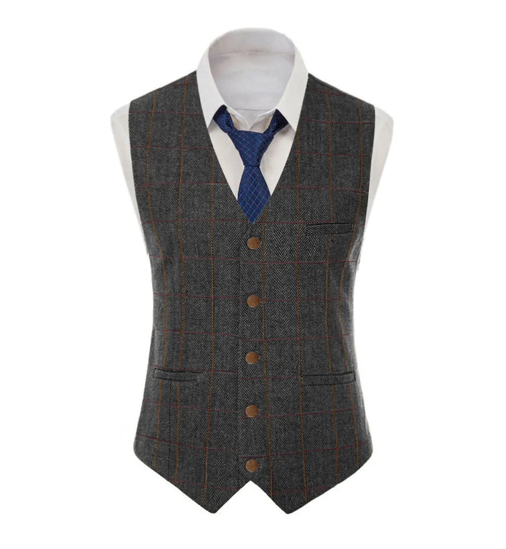 Men's Casual Slim Fit Plaid Tweed V Neck Waistcoat