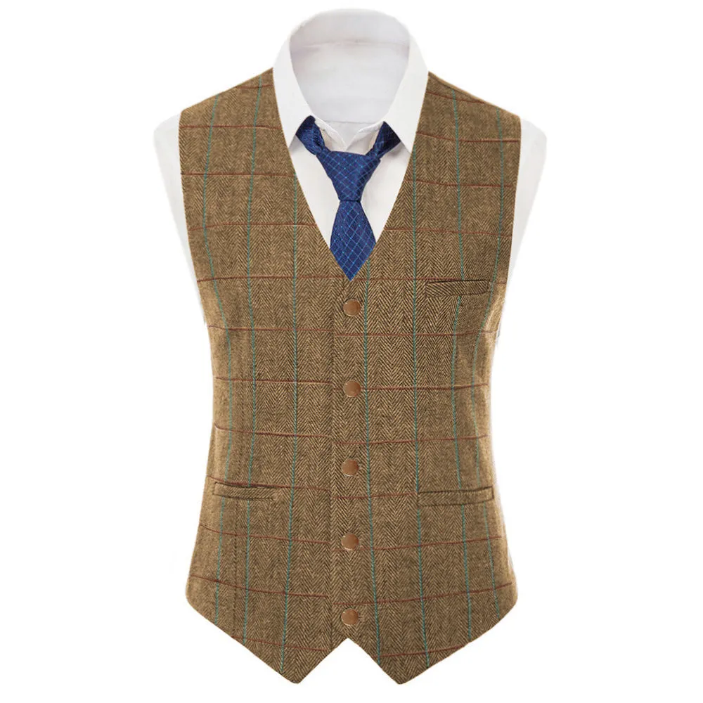 Men's Casual Slim Fit Plaid Tweed V Neck Waistcoat