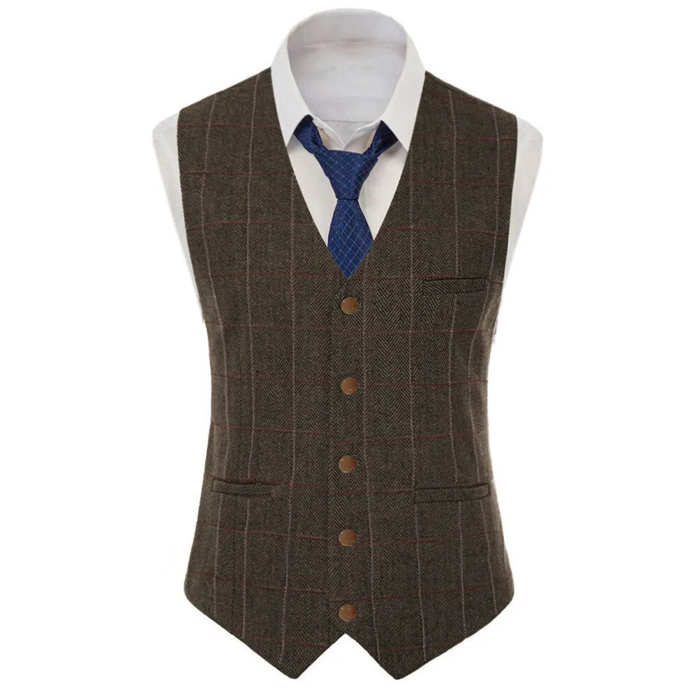 Men's Casual Slim Fit Plaid Tweed V Neck Waistcoat