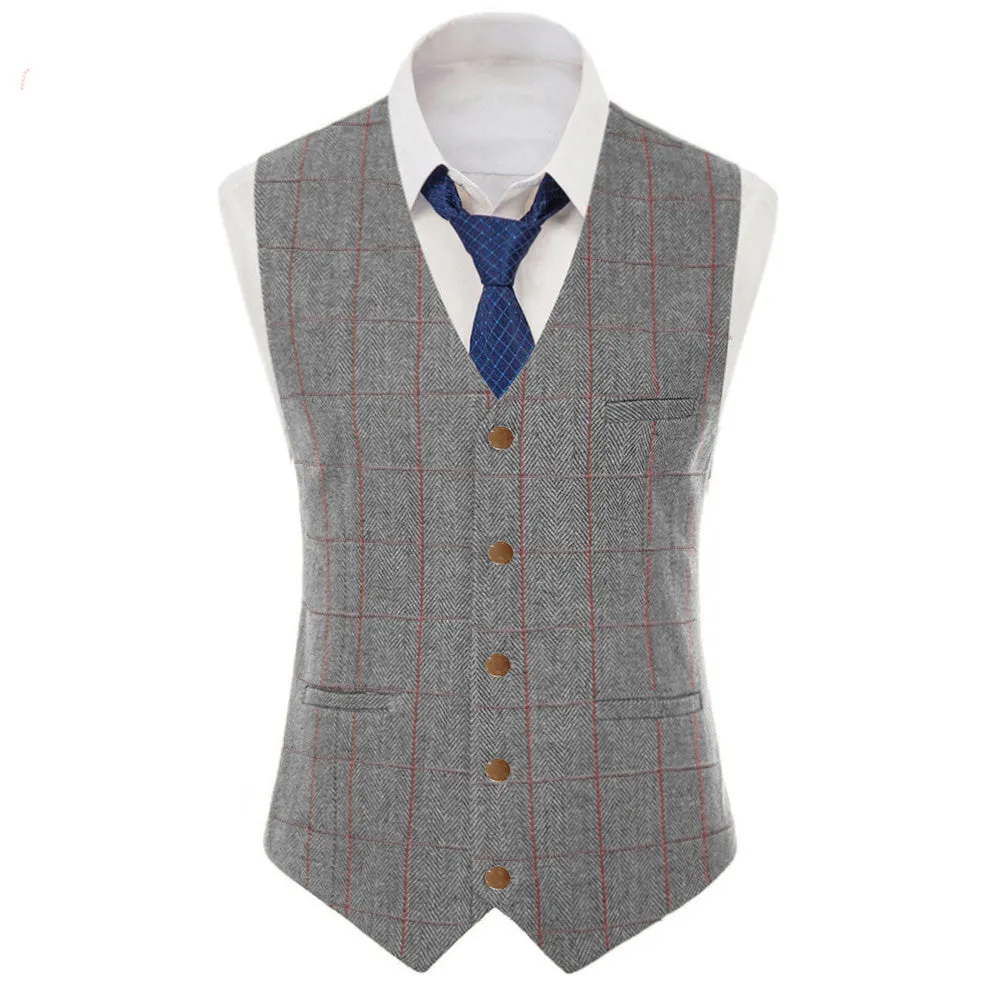 Men's Casual Slim Fit Plaid Tweed V Neck Waistcoat