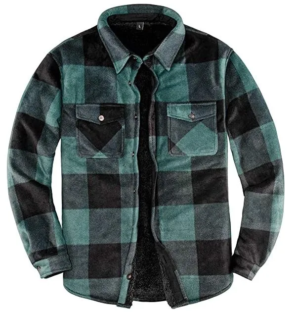 Men's Green Plaid Warm Sherpa Lined Fleece Jacket