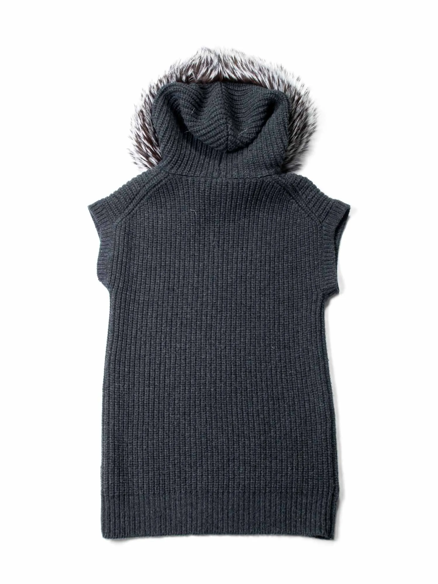 Michael Kors Knitted Cashmere Wool Fox Fur Hooded Vest Charcoal Grey