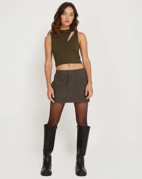 Min Vest Cutout Detail Crop Top in Olive with Black Top Stitch