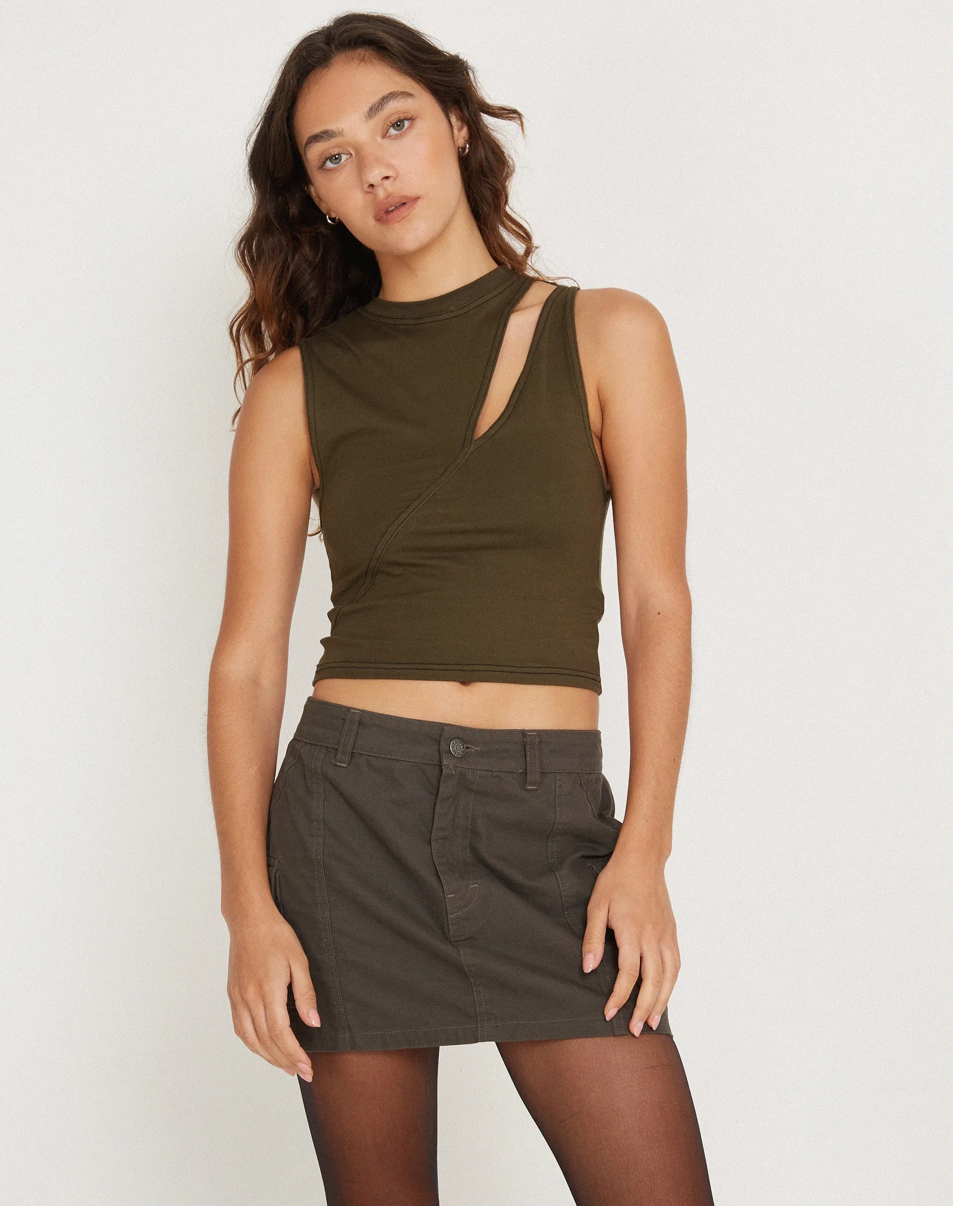 Min Vest Cutout Detail Crop Top in Olive with Black Top Stitch