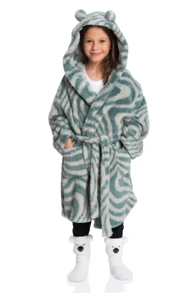 Neutral Elegance: Sherpa Girls Robe in Green Print - Subtle Warmth for Young Fashionistas