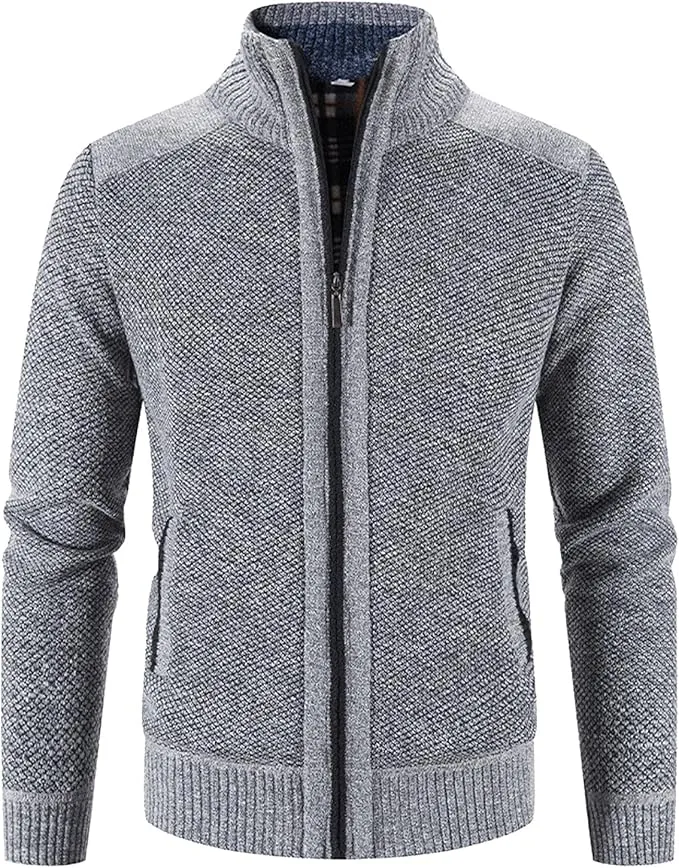 NEW Men's Thicken Cardigan Sweater Winter Thermal Sweaters Coat Full Zip Quilted Jacket Business Casual Knit Outwear, Fits Like a Medium, Grey