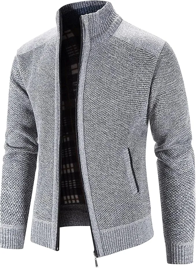 NEW Men's Thicken Cardigan Sweater Winter Thermal Sweaters Coat Full Zip Quilted Jacket Business Casual Knit Outwear, Fits Like a Medium, Grey