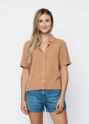 Nina-Roll Cuff Short Sleeve Shirt- Tan