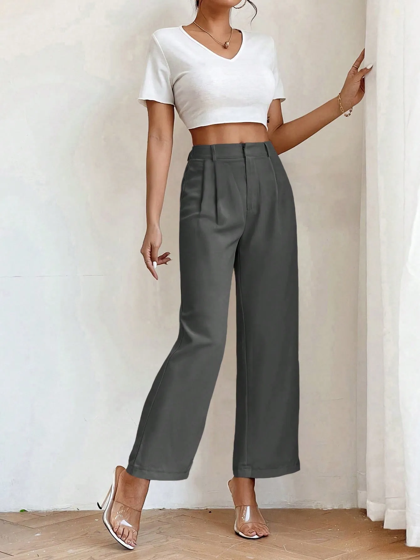 PETITE High Waist Plicated Detail Straight Leg Pants