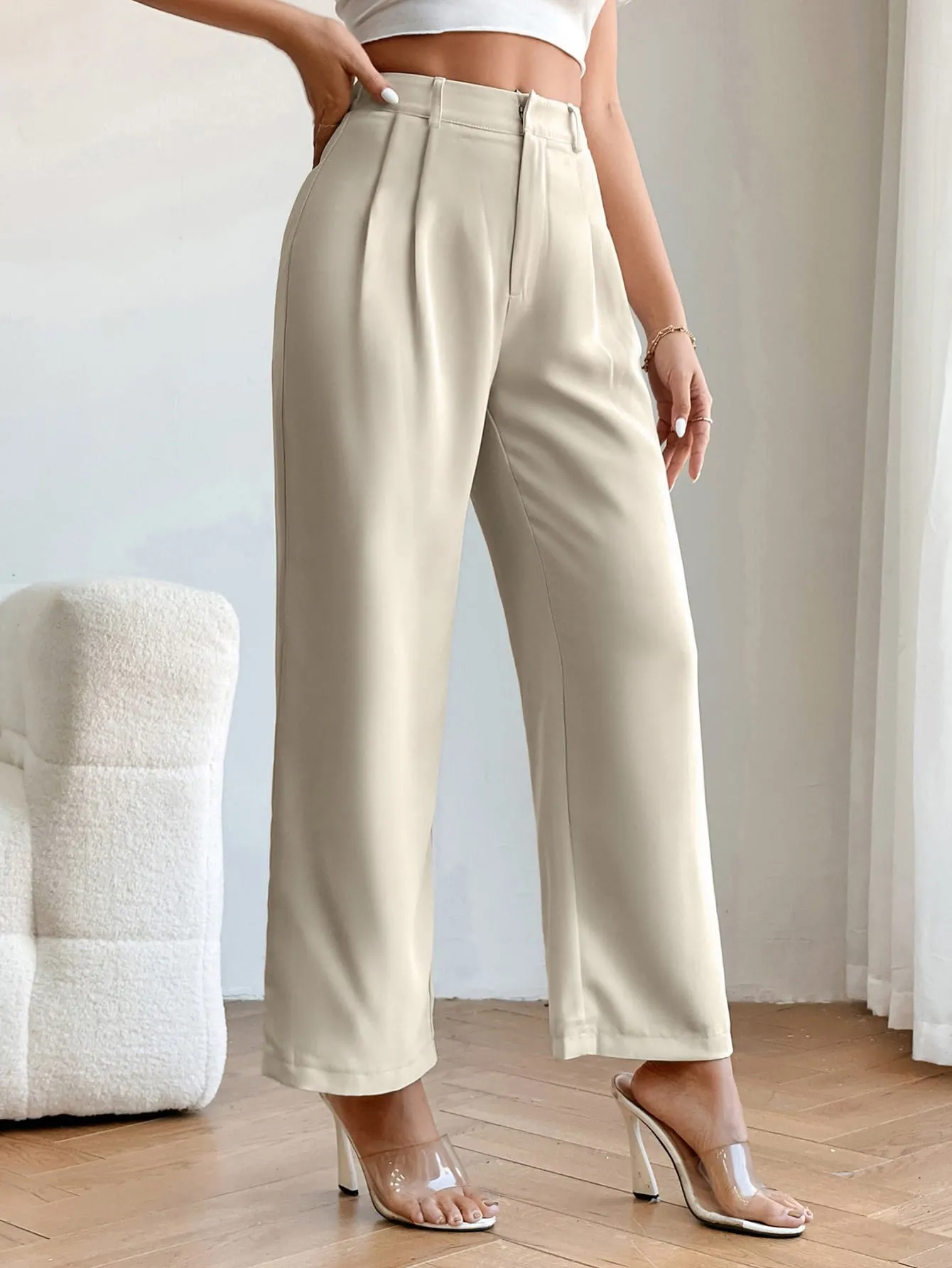 PETITE High Waist Plicated Detail Straight Leg Pants