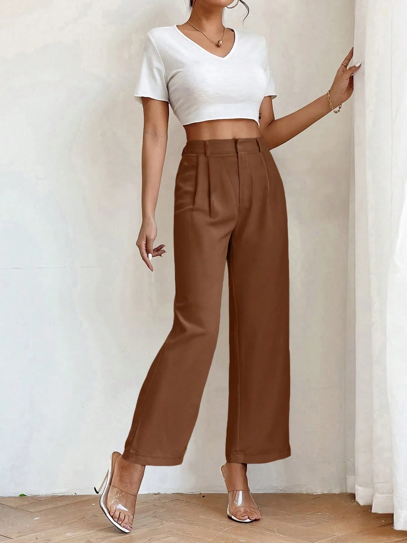 PETITE High Waist Plicated Detail Straight Leg Pants