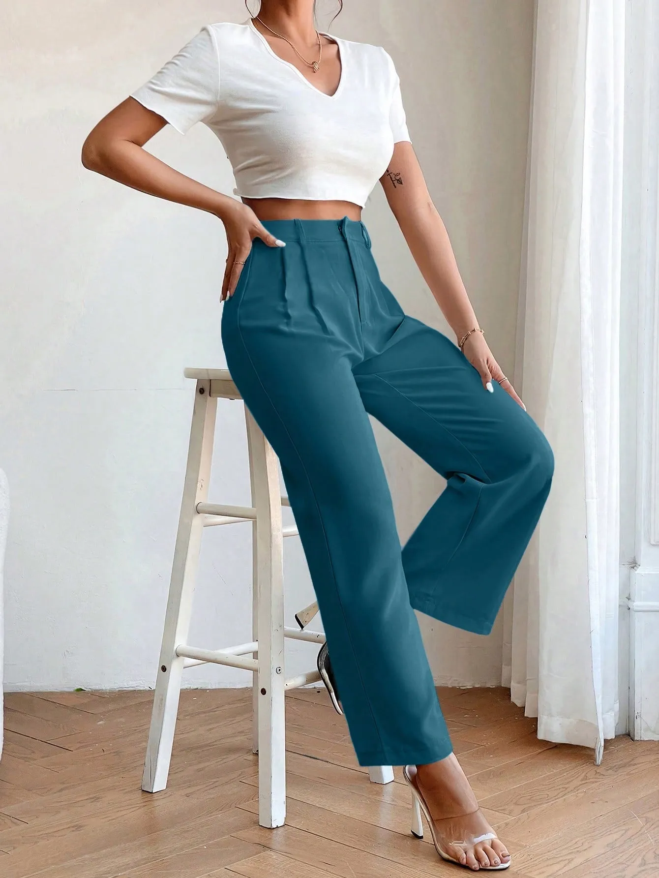 PETITE High Waist Plicated Detail Straight Leg Pants