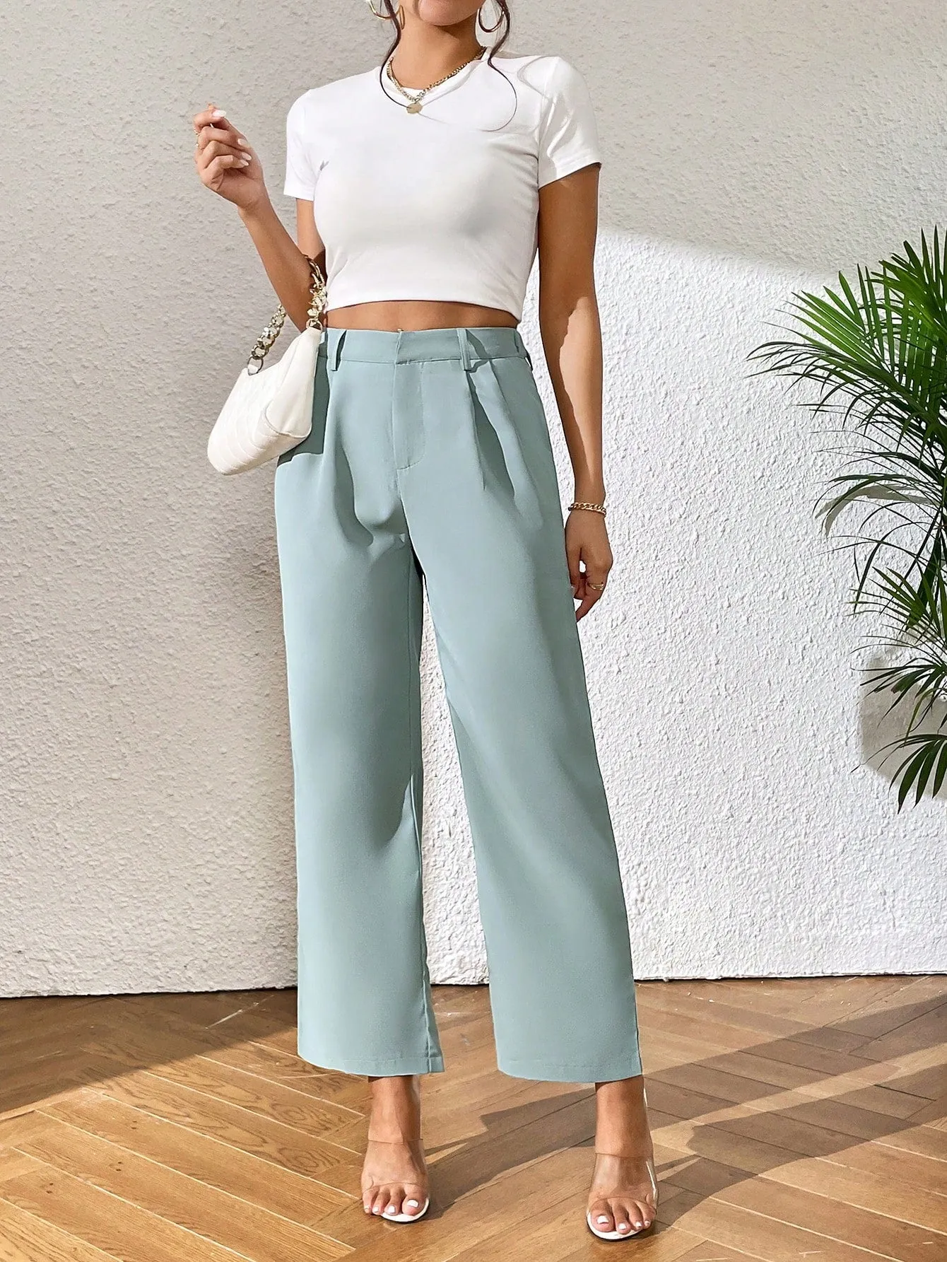 PETITE High Waist Plicated Detail Straight Leg Pants