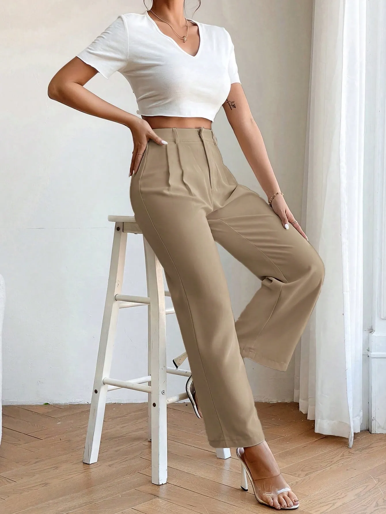 PETITE High Waist Plicated Detail Straight Leg Pants