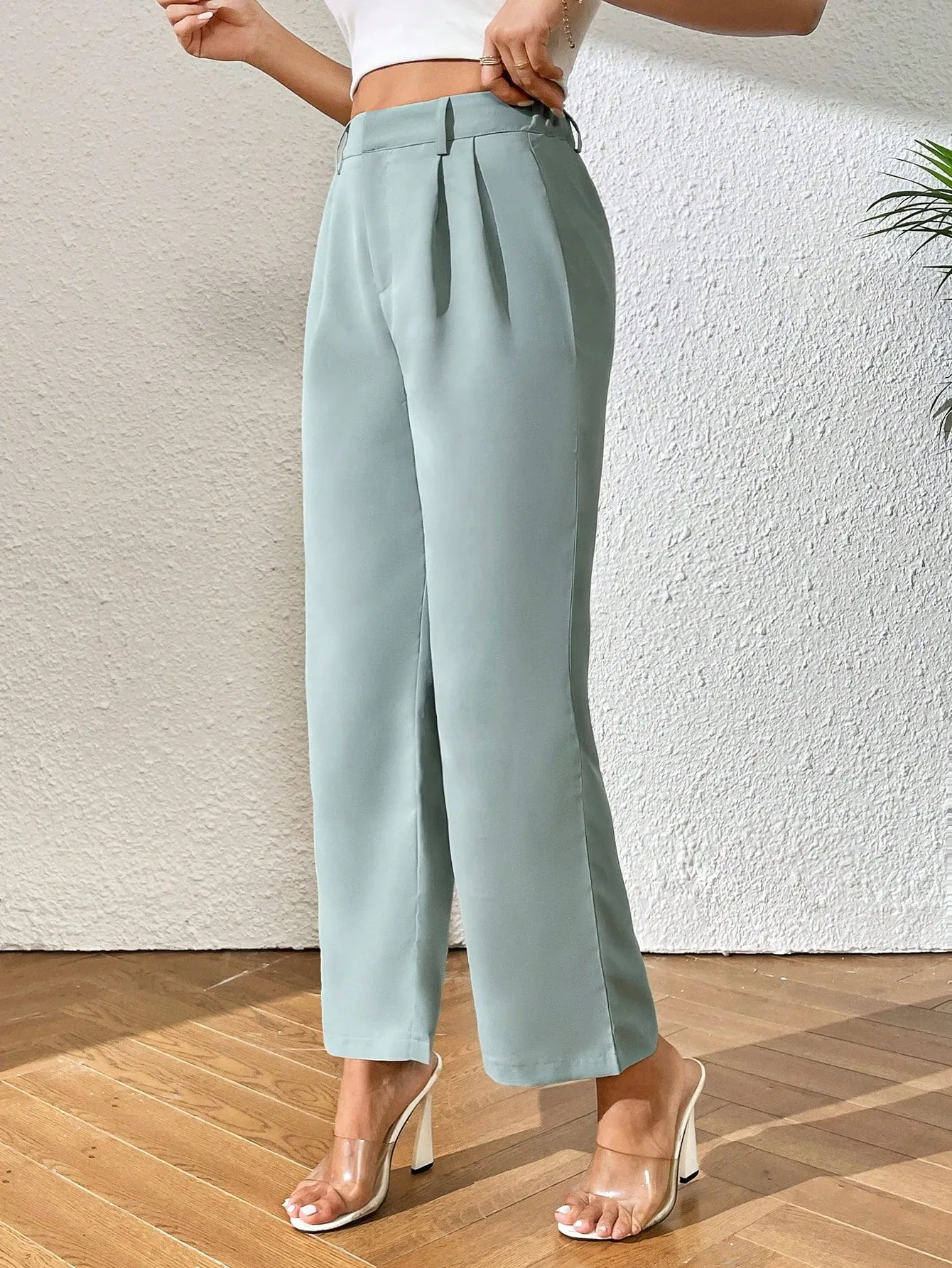 PETITE High Waist Plicated Detail Straight Leg Pants