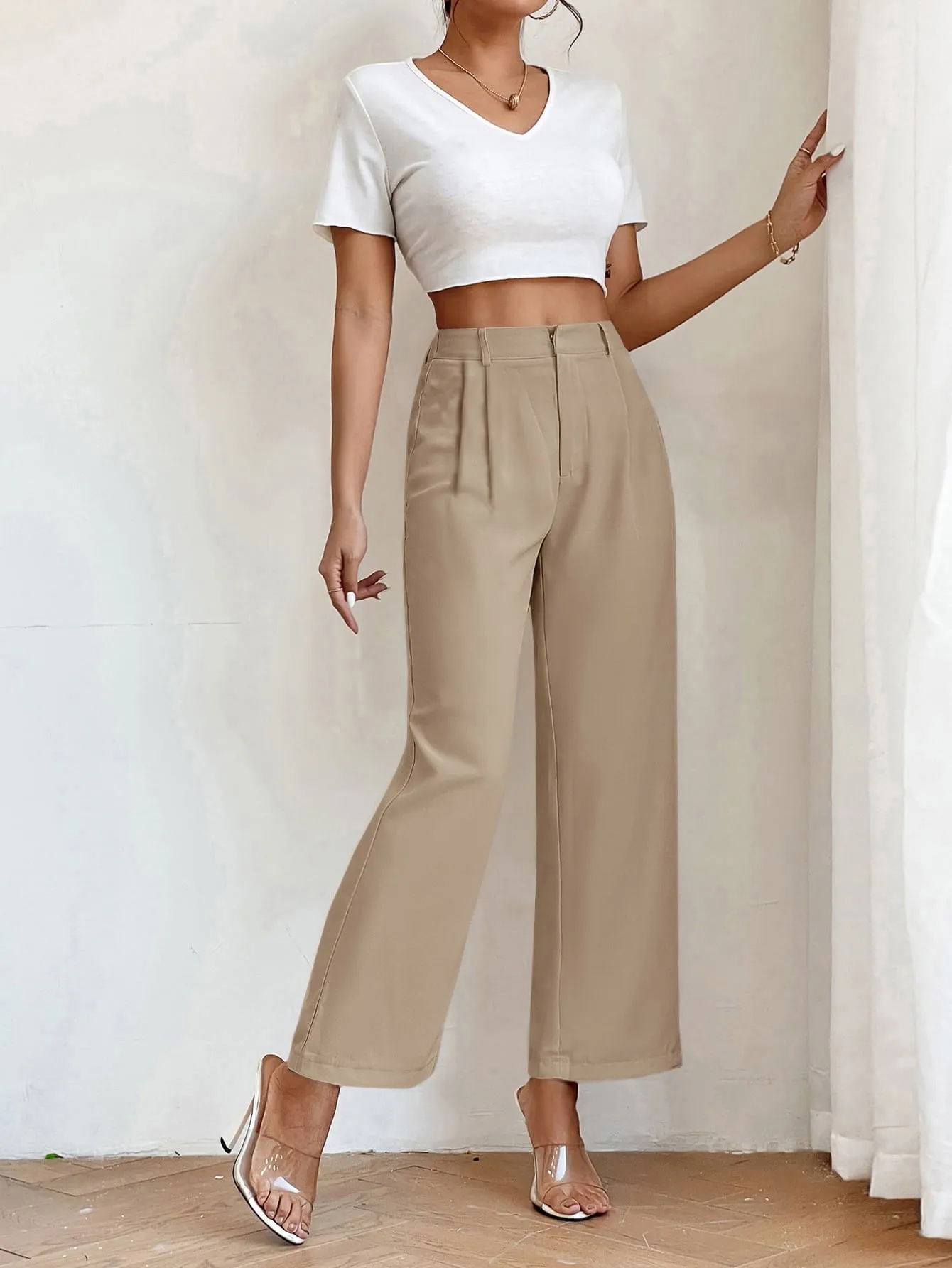 PETITE High Waist Plicated Detail Straight Leg Pants