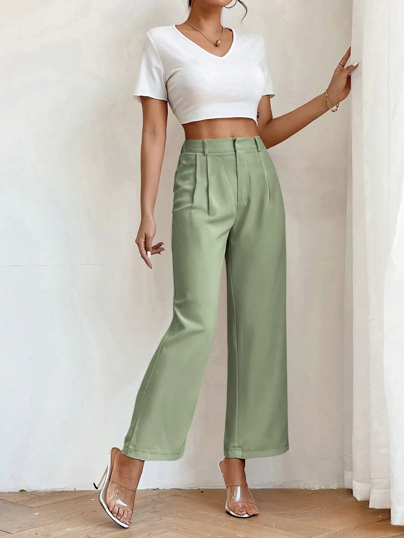 PETITE High Waist Plicated Detail Straight Leg Pants