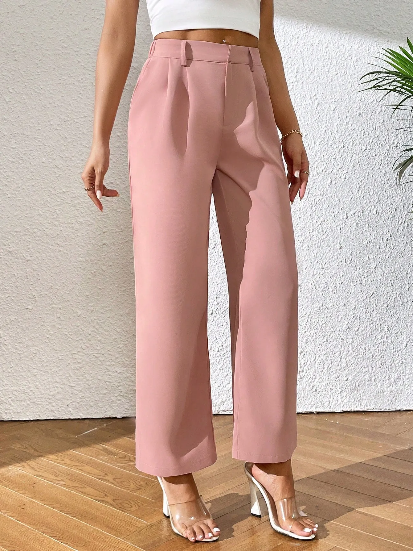 PETITE High Waist Plicated Detail Straight Leg Pants