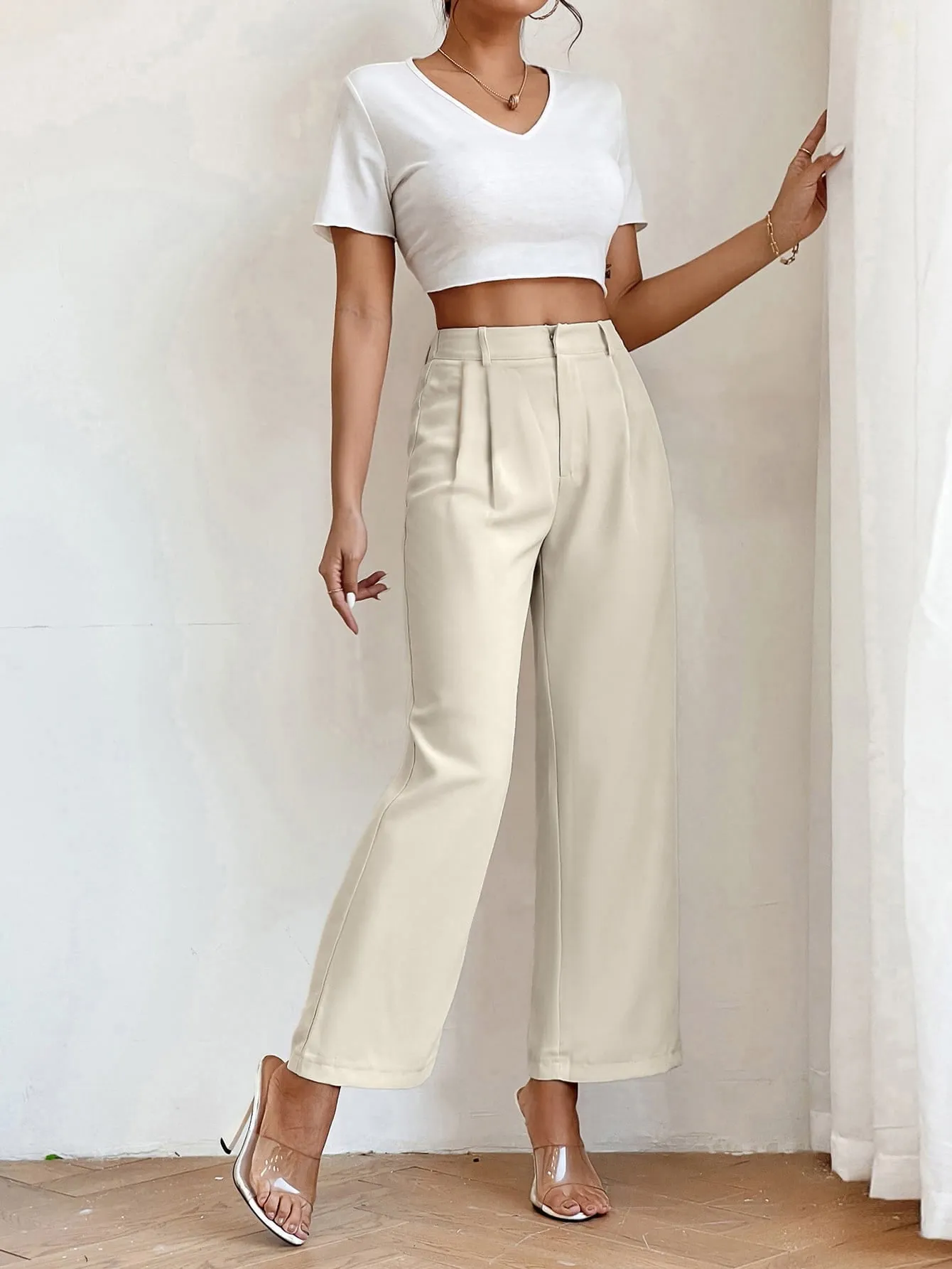 PETITE High Waist Plicated Detail Straight Leg Pants