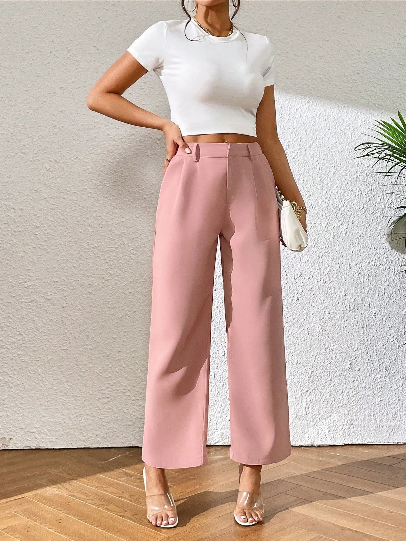 PETITE High Waist Plicated Detail Straight Leg Pants