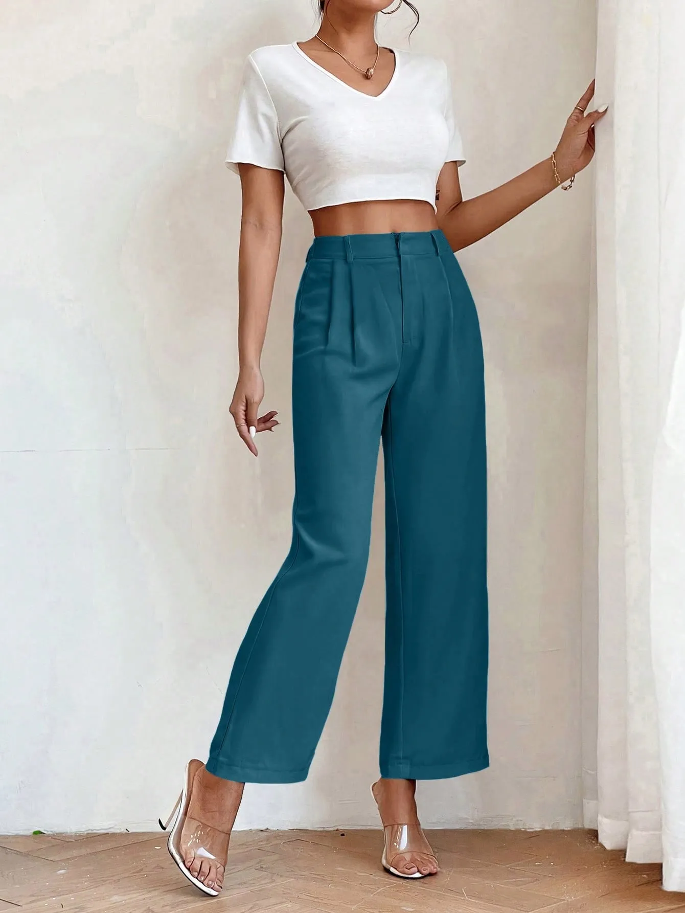 PETITE High Waist Plicated Detail Straight Leg Pants