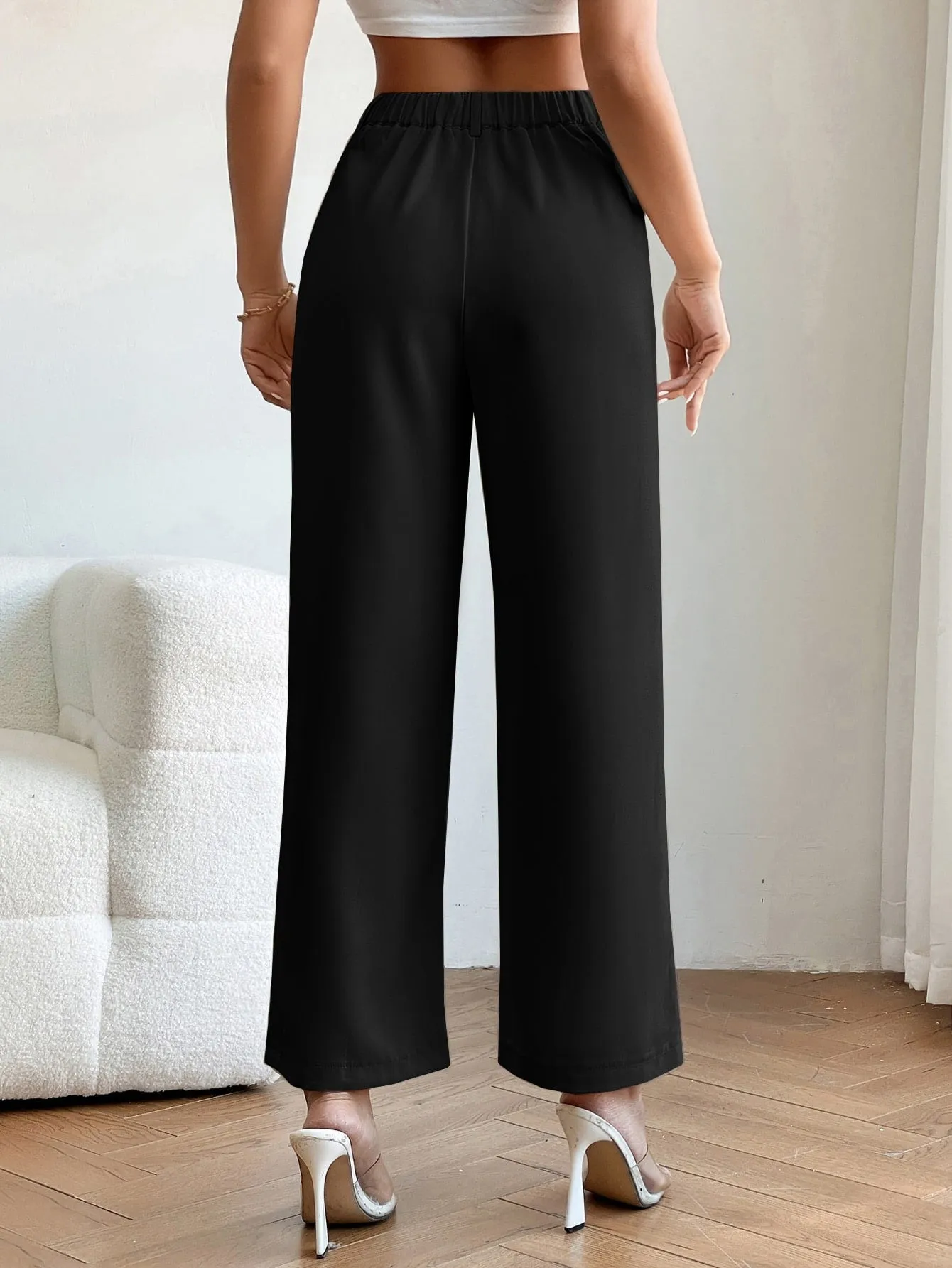 PETITE High Waist Plicated Detail Straight Leg Pants