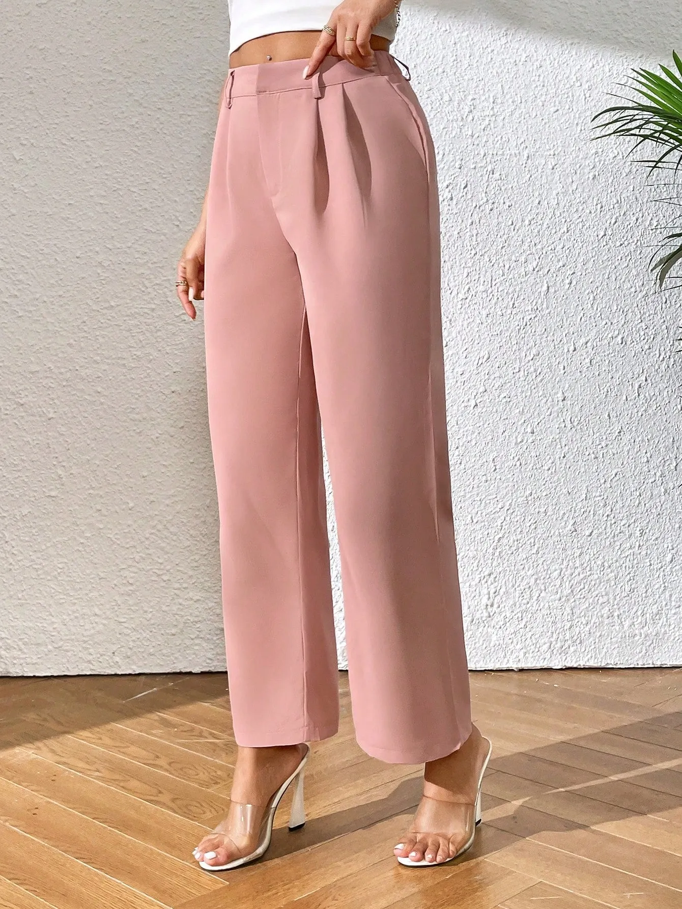 PETITE High Waist Plicated Detail Straight Leg Pants