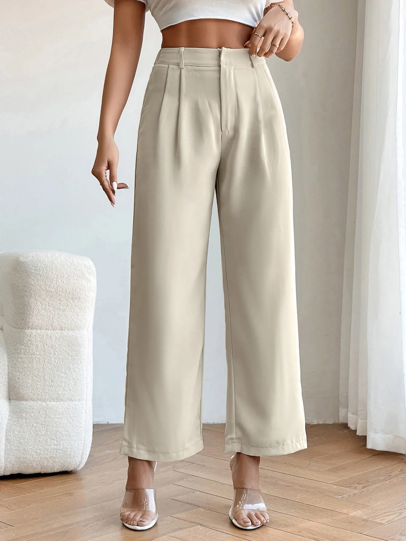 PETITE High Waist Plicated Detail Straight Leg Pants